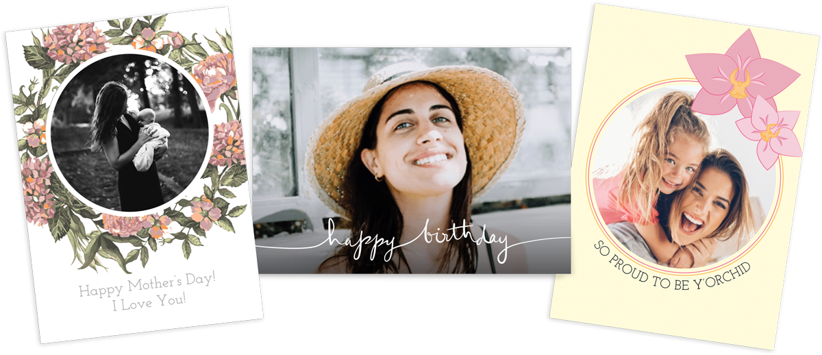 Beautiful 5x7 folded photo cards. Simply select a template and add a photo and personalized message, or upload your own custom design.